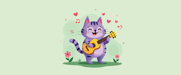 cheerful purple cat joyfully plays a ukulele surrounded by flowers