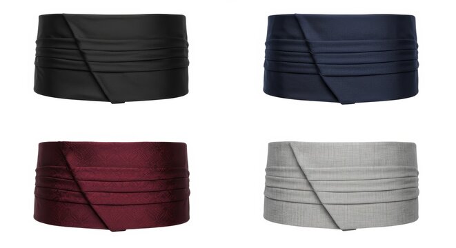 Elegant cummerbund collection showcasing formal wear sophistication on white backdrop