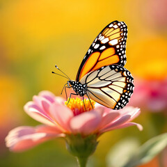 Fototapeta premium Beautiful monarch butterfly resting on a vibrant pink flower with colorful background.