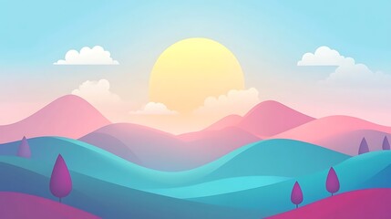 Pastel sunrise over rolling hills and lake.