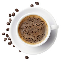 Morning Coffee Ritual: A top-down shot showcases a full cup of freshly brewed coffee on a pristine saucer, encircled by scattered roasted coffee beans, a scene of morning serenity.