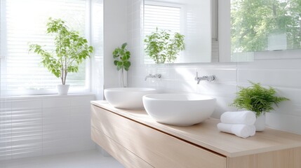 Fototapeta premium Modern bathroom with double sinks and plants
