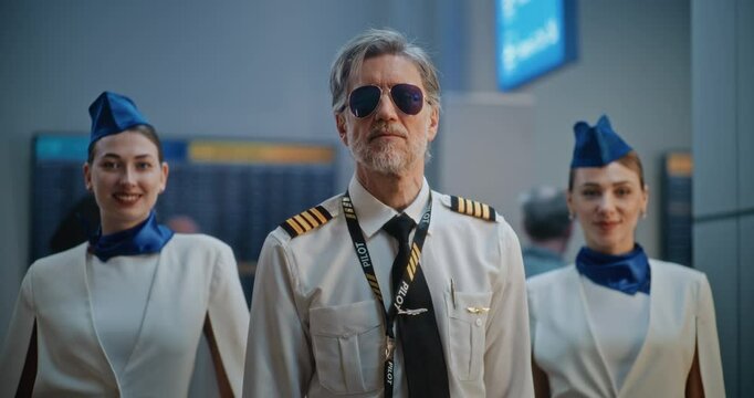 Portrait of Professional Airline Captain in Glasses, Two Beautiful Stewardesses in Uniforms Smiling, Looking at Camera. Flight Crew Members in Crowded International Airport Terminal. Medium Close Up.