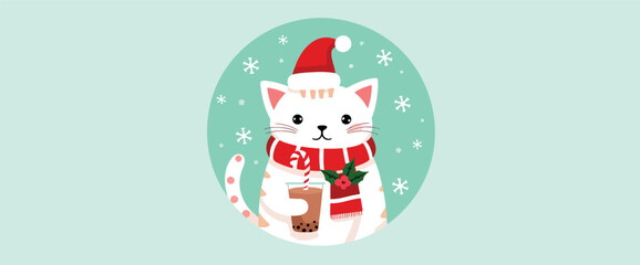 adorable white cat in santa hat enjoys a warm drink during winter holidays
