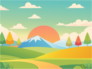 Obraz premium 山間に太陽が昇るほのぼのとした風景をイメージしたポップなテイストの背景素材