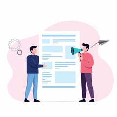 two individuals effectively collaborate on a project using a document and megaphone