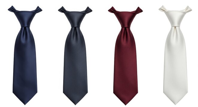 Elegant Windsor knot ties in navy, dark blue, burgundy, and white on a clean background