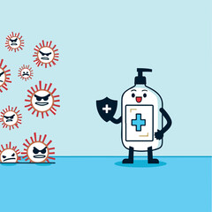 cheerful hand sanitizer bottle character deflecting angry viruses