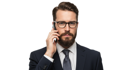 A man with a beard wearing a suit and glasses is talking on the phone. Isolated on black, close up.