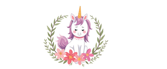 charming unicorn sitting in a floral wreath