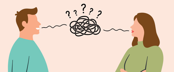 two individuals communicating their words forming a tangled knot symbolizing a complex conversation