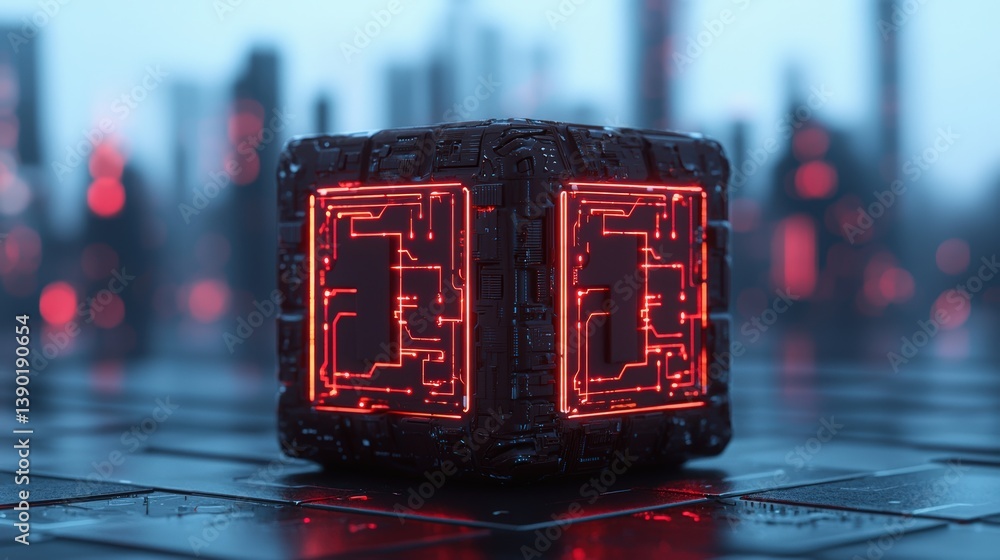 Poster a futuristic cube with glowing red circuitry sits on a sleek surface, surrounded by a blurred citysc