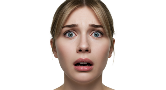 Startled blonde woman with an open mouth and wide eyes expresses fear, concern, or surprise. Isolated against black background.