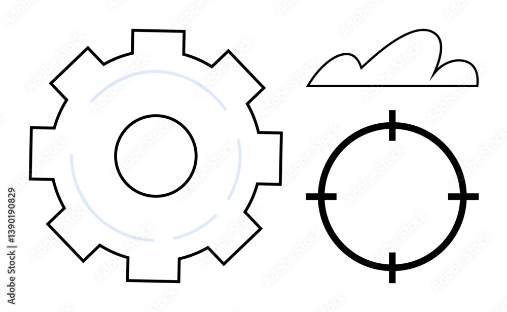 Poster gear indicating process, target symbolizing focus, and cloud suggesting networking. ideal for teamwo