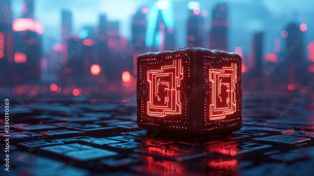 Poster a glowing, futuristic cube with intricate circuitry stands on a digital landscape, surrounded by a n