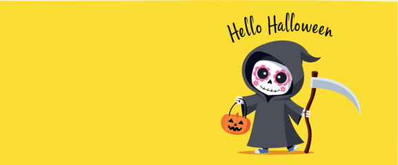 whimsical grim reaper with pumpkin bucket for halloween