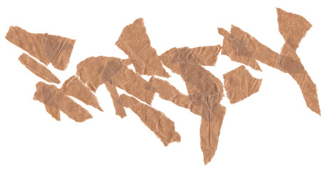 Fototapeta premium Torn brown paper scraps randomly scattered on transparent background. Rough texture and natural irregular edges