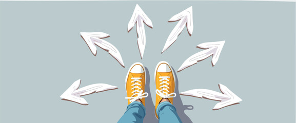 yellow sneakers at a crossroads of multiple directional arrows