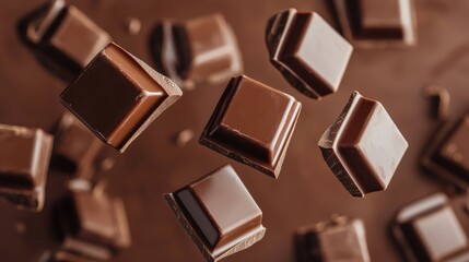 Fototapeta premium A close-up of floating chocolate squares, showcasing their rich texture and glossy surface against a dark background.