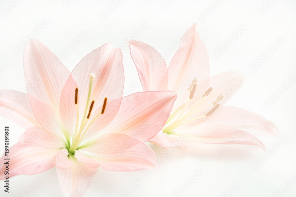 Poster soft pink lilies with delicate petals and stamen in dreamy light on white background, creating a gen
