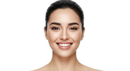 Obraz premium A radiant woman's smile illuminates the frame, showcasing pristine white teeth and a warm, inviting expression against a dark backdrop.