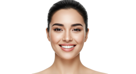 A radiant woman's smile illuminates the frame, showcasing pristine white teeth and a warm, inviting expression against a dark backdrop.