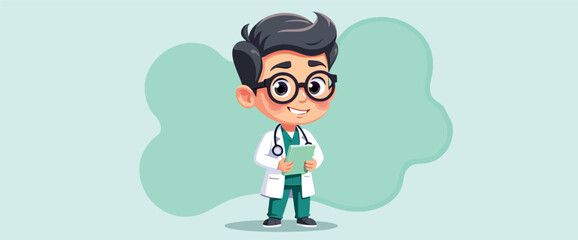 cheerful cartoon of a boy doctor in a white coat holding a clipboard