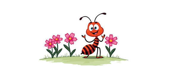 cheerful cartoon ant standing in a among pink flowers
