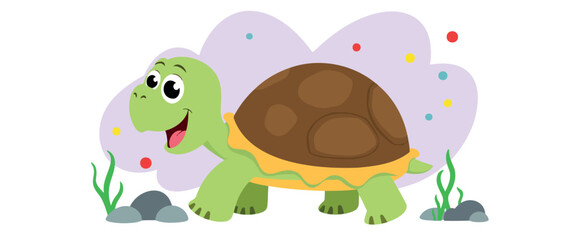 happy cartoon turtle walking in a colorful scene