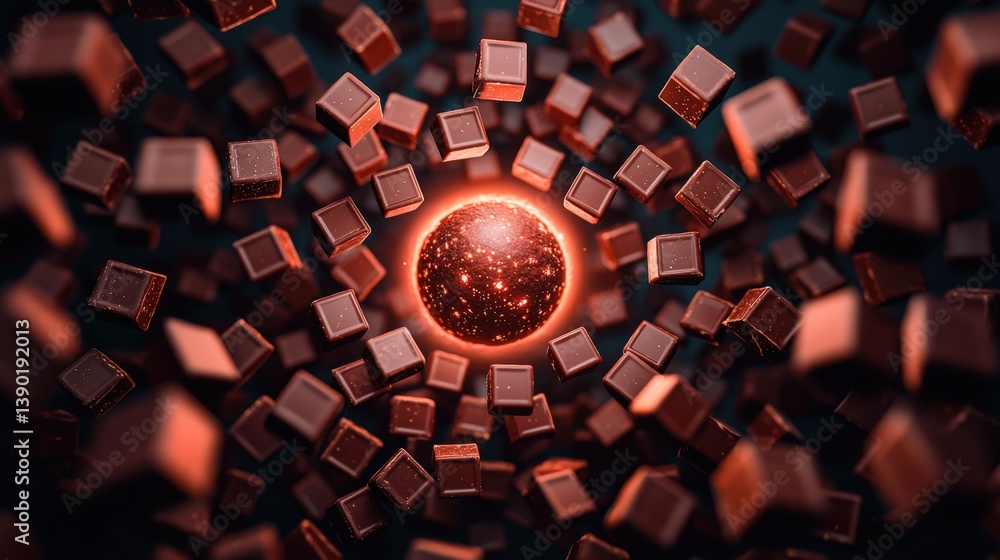 Poster a mesmerizing visual of a glowing sphere at the center, surrounded by floating geometric cubes, crea
