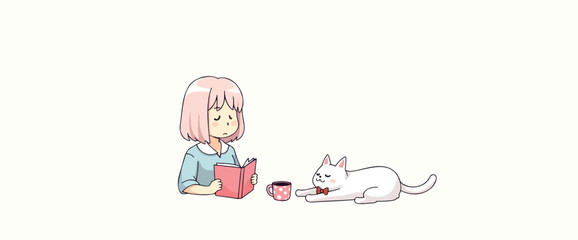 pink-haired girl reading a book with a white cat companion