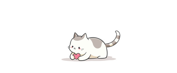 adorable cartoon cat gently holding a pink heart