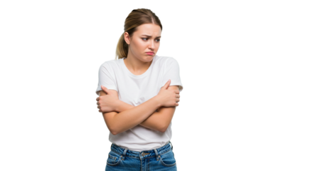 A woman feeling cold, hugging herself for warmth, with a concerned expression against a black background in a simple white t-shirt.
