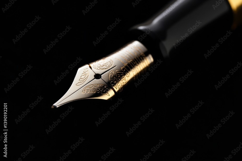 Poster close-up of luxurious gold fountain pen nib with ornate engravings on black background illuminated b