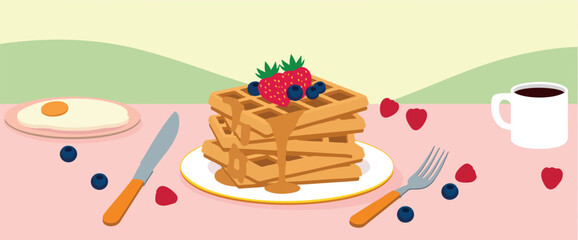 stack of golden waffles topped with fresh strawberries and blueberries served with a fried egg and coffee