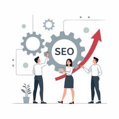 three businesspeople working together on seo strategy represented by interconnected gears and an upward-pointing arrow