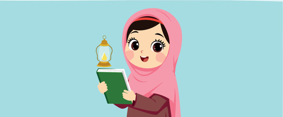smiling girl in pink hijab reading a book with a lantern