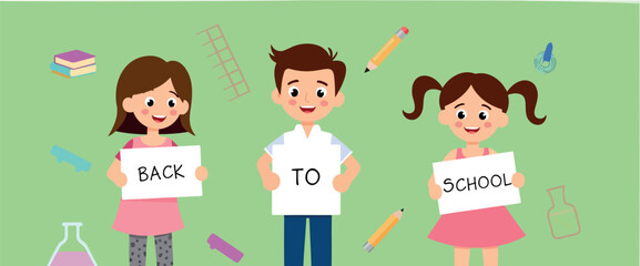 three smiling children holding signs announcing 'back to school'
