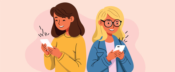 two smiling women using smartphones conveying a cheerful and connected mood