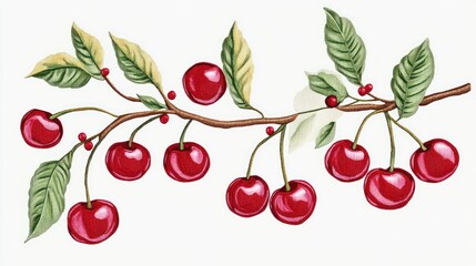 A branch featuring several red cherries and green leaves on white background