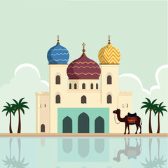 camel stands near a multi-colored domed building reflected in still water