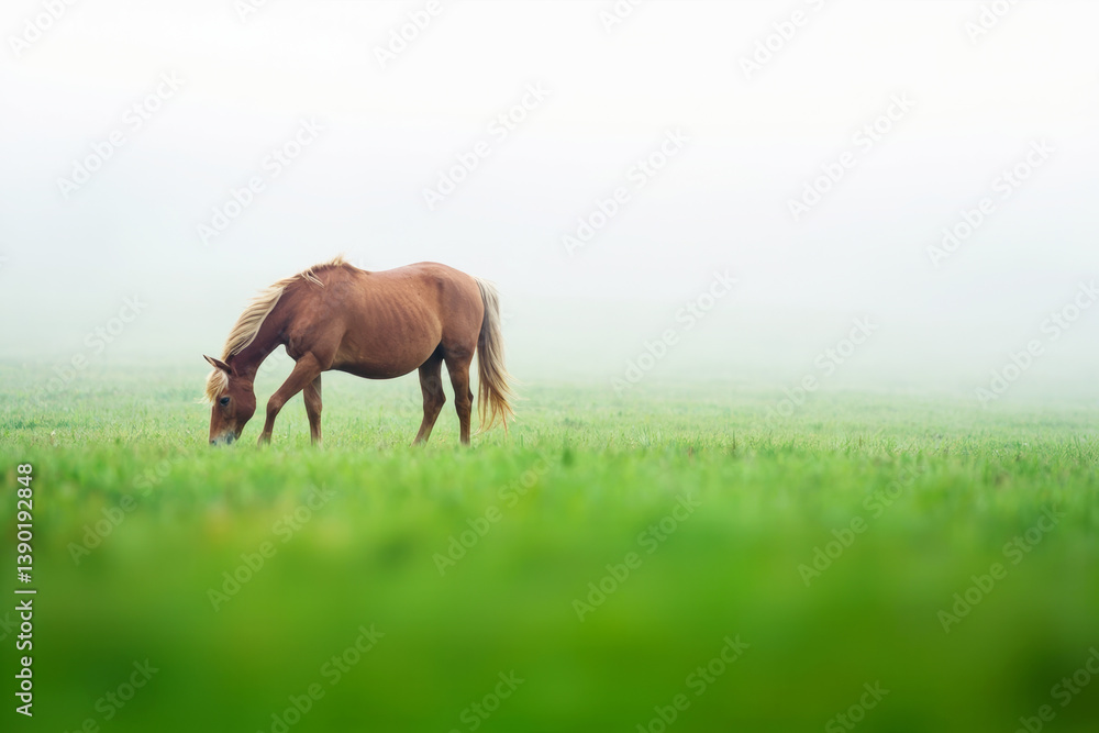 Poster horse grazing peacefully on green field with misty light background creating calm and serene atmosph