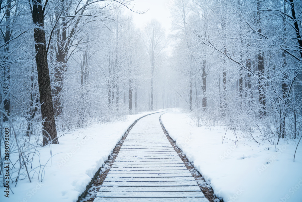 Poster Snow-covered wooden path winding through a frosty forest with bare trees and soft natural light in a serene winter landscape concept background.