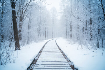 Snow-covered wooden path winding through a frosty forest with bare trees and soft natural light in a serene winter landscape concept background.