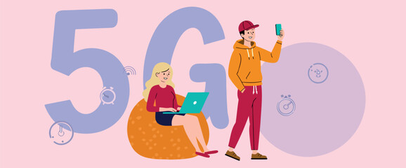 woman using a laptop and a man holding a mobile phone symbolizing 5g fast connectivity