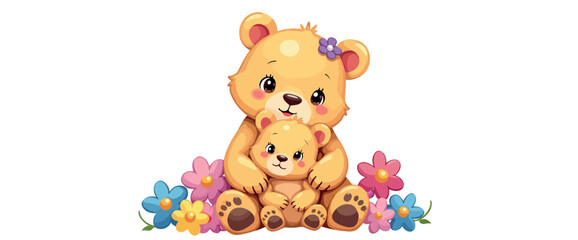 mother bear tenderly hugs her adorable cub amidst a cheerful display of flowers