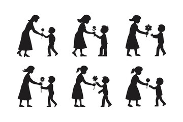 child giving mom flower vector art silhouette