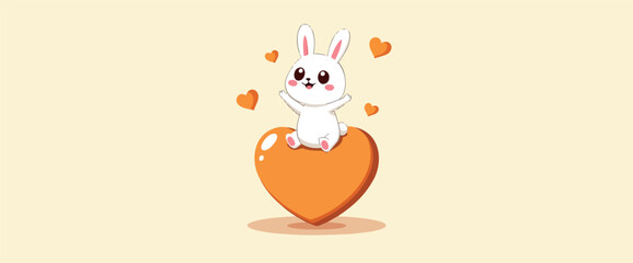 cheerful white rabbit sitting on a large heart