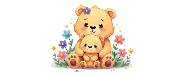 large and small teddy bear sit together lovingly in a field of flowers