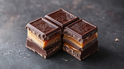 A stack of rich chocolate bars with a smooth caramel layer, showcasing a delightful combination of textures and flavors on a dark background.